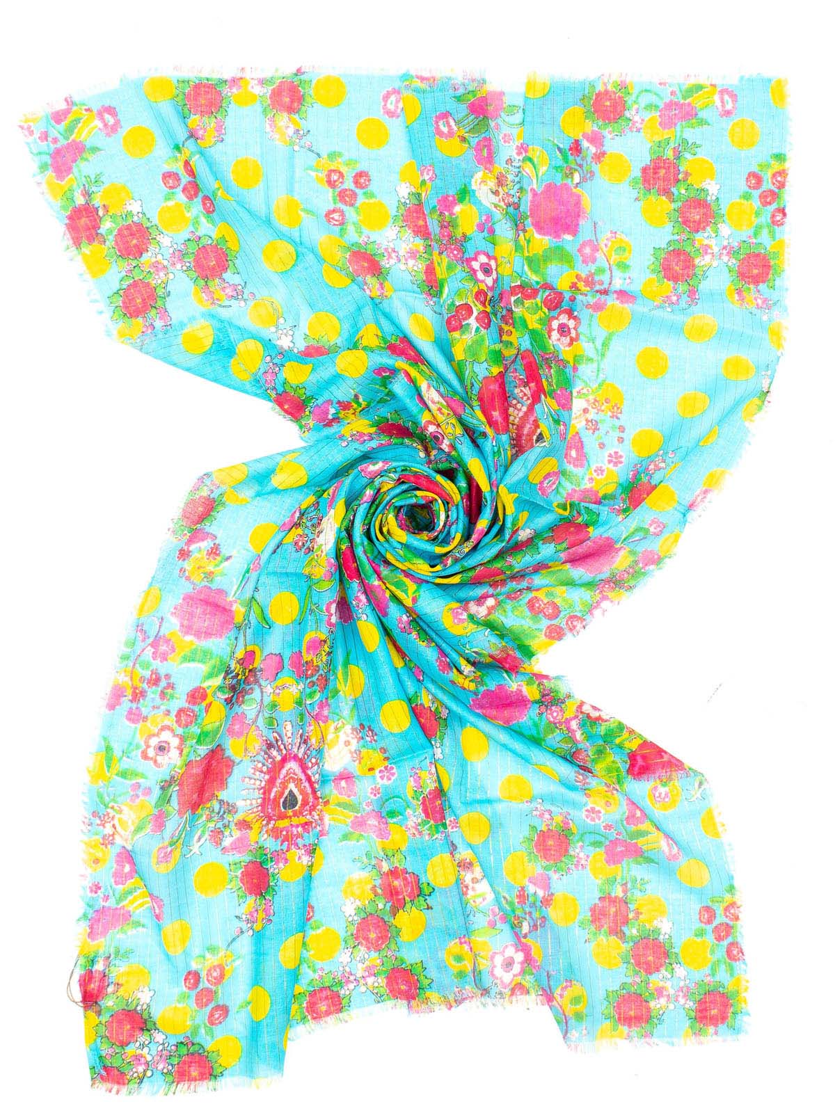 STOLA POIS FLOWERS CON LUREX ORO 100%CO MADE IN INDIA - TURCHESE/GIALLO